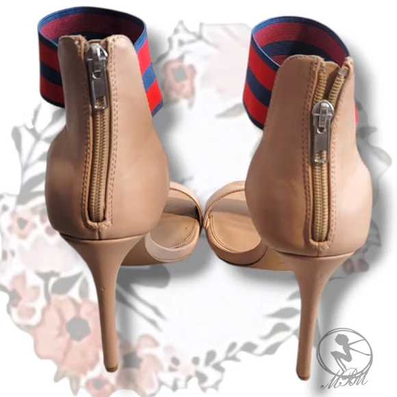 💕 Steve Madden "Paradise" Red and Blue Stripe Elastic Band Nude Heels size 10m - Picture 5 of 6